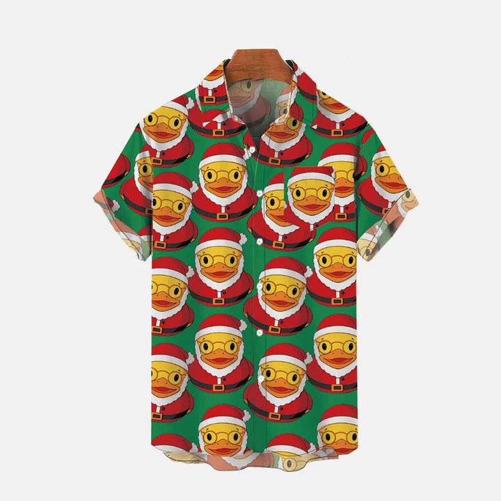 Green Christmas Santa Claus Rubber Ducks Printing Short Sleeve Shirt