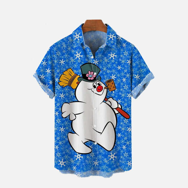 Christmas Snowman Cartoon Print Men's Button Pocket Short Sleeve Shirt