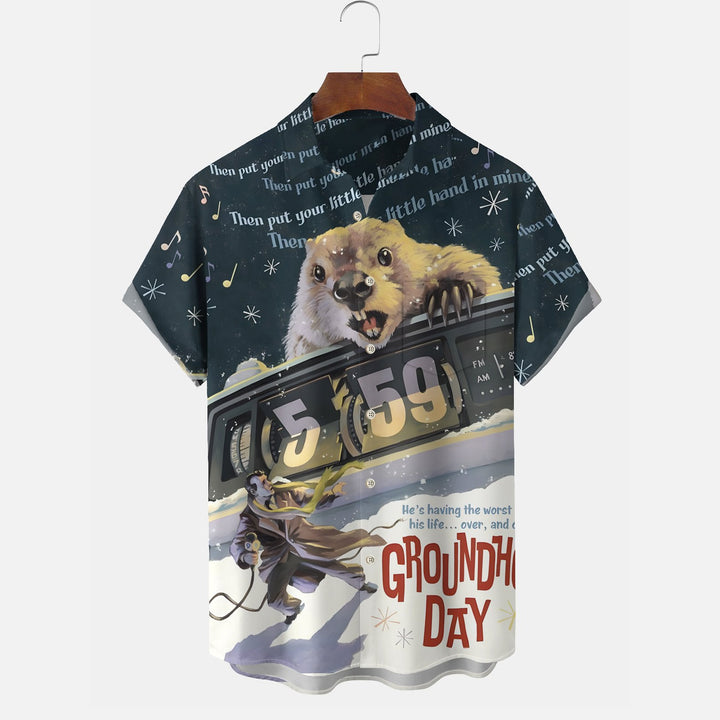 Groundhog Day Cartoon Print Men's Chest Pocket Stretch Hawaiian Shirt Big Tall