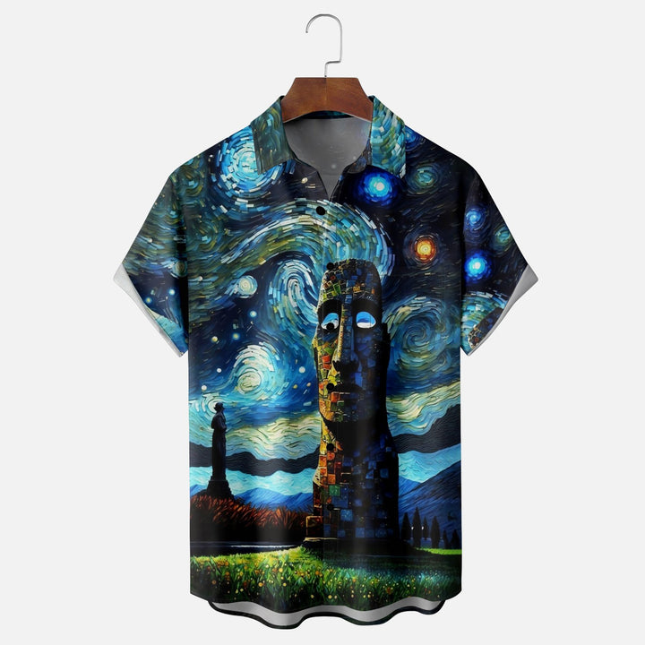 Easter Island Moai Painting Chest Pocket Casual Shirt