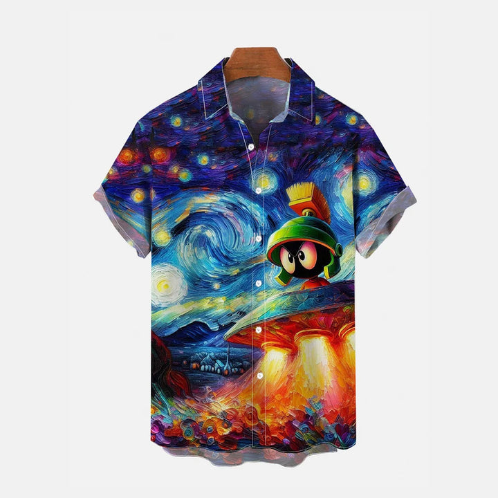 Starry Sky And Ufo Soldier Print Chest Pocket Short Sleeve Shirt