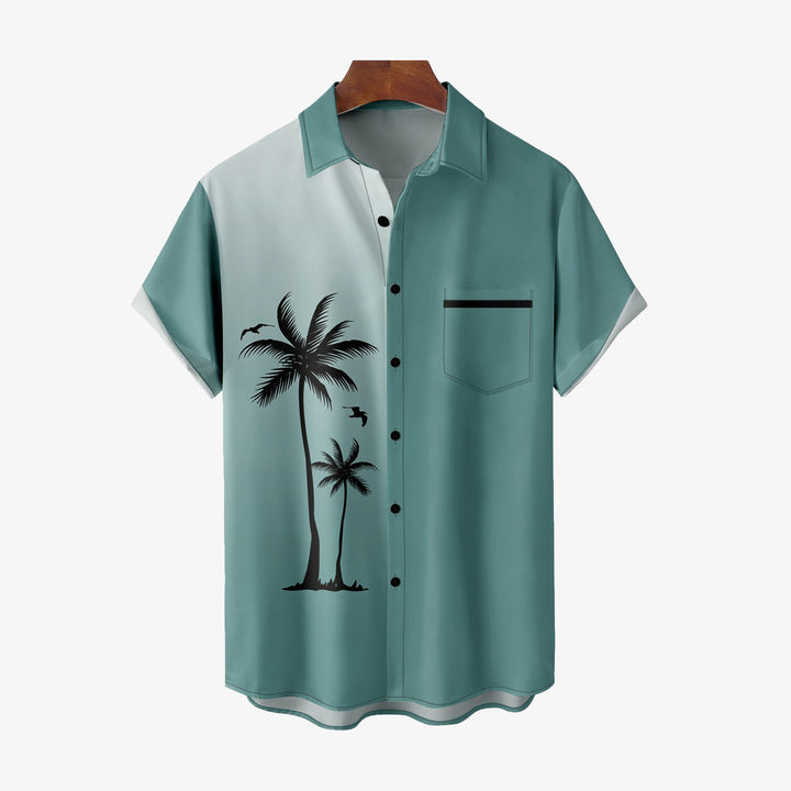 Gradient Coconut Tree Print Oversized Cotton and Linen Short Sleeve Shirt
