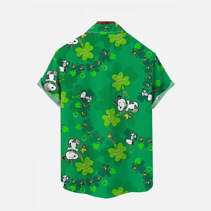 Green Clovers And Cartoon Dog Printing Breast Pocket Short Sleeve Shirt