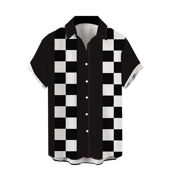 Geometric Black And White Checkered Bowling Shirt