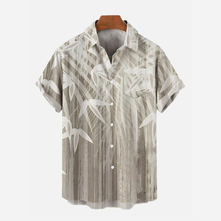 Textured Bamboo Leaf Khaki Casual Large Size Short Sleeve Shirt