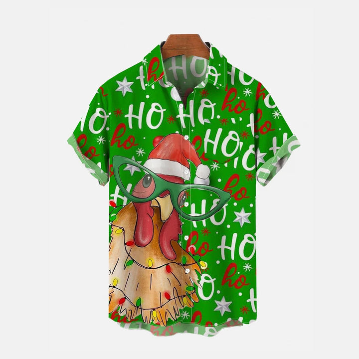 Green Christmas Lights String And Rooster Printing Breast Pocket Short Sleeve Shirt