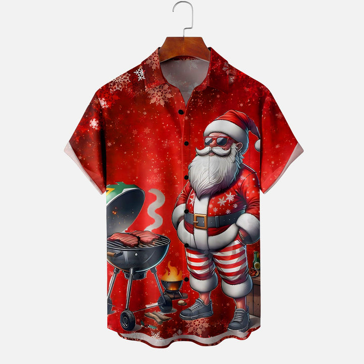 Christmas BBQ Santa Chest Pocket Hawaiian Shirt