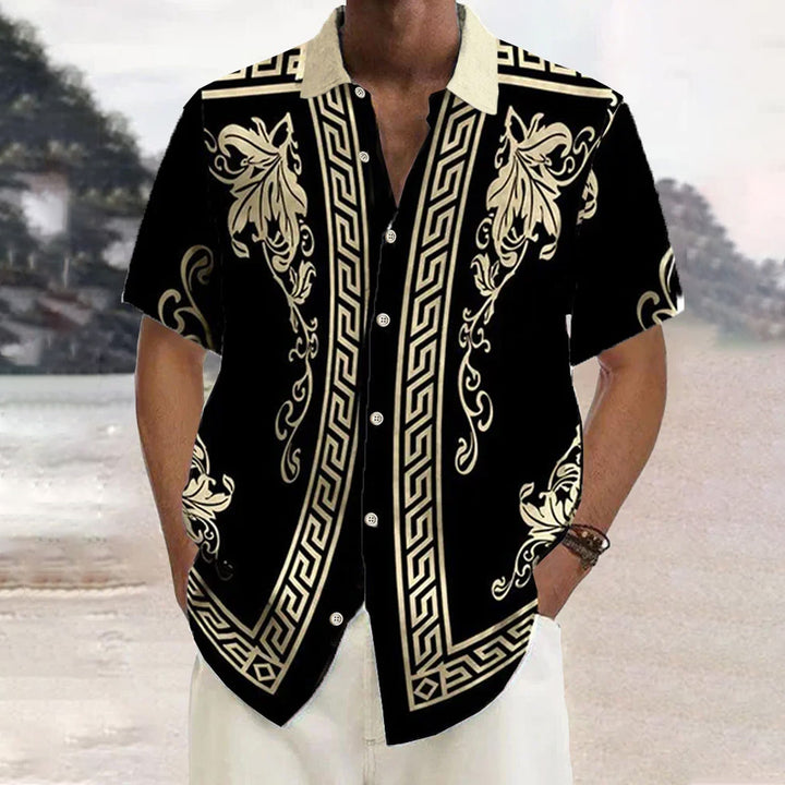 Retro Geometric Gold Floral Print  Casual Vacation Shirt 2406000698