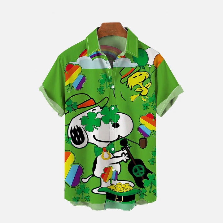 Green Clover Cartoon Dog St. Patrick's Day Print Short Sleeve Shirt