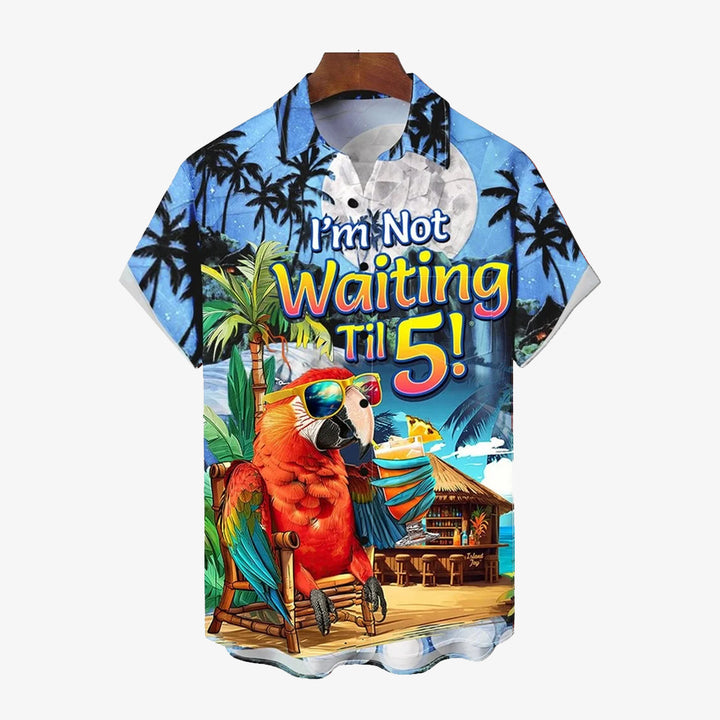 Hawaiian Coconut Tree Parrot Fun Print Short Sleeve Shirt