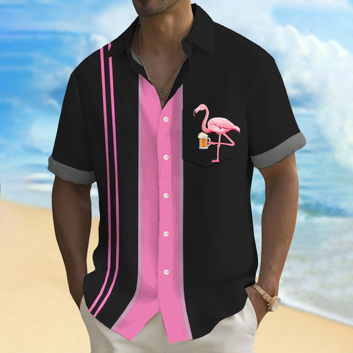 Flamingo Stripe Print Casual Short Sleeve Shirt