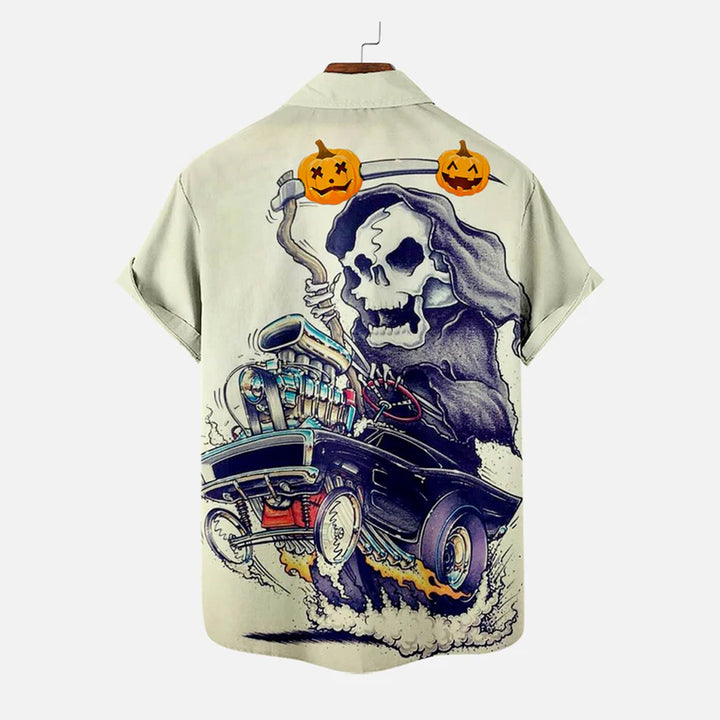 Halloween Grim Reaper Car Illustration Casual Short Sleeve Shirt