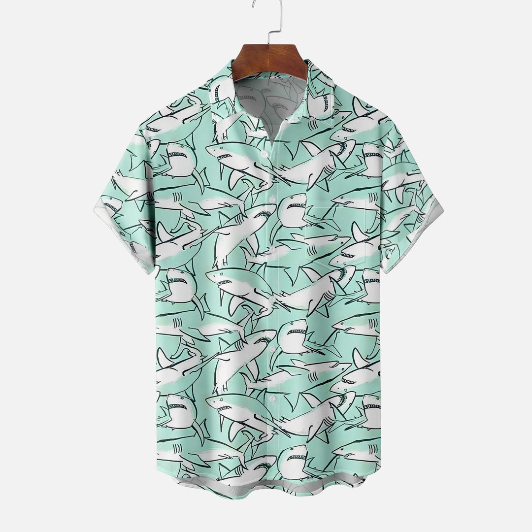 Sea Life Shark Chest Pocket Casual Short Sleeve Shirt