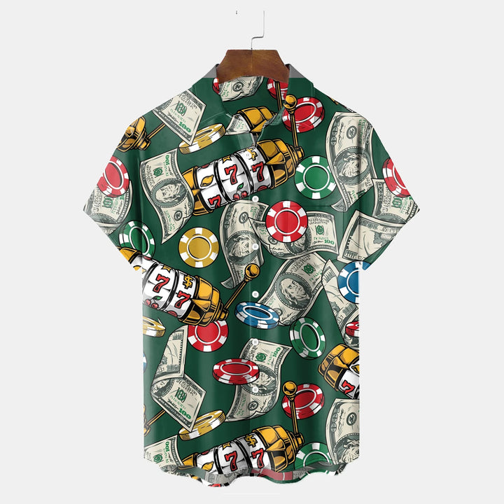 Vintage Gambling Poker Print Chest Pocket Stretch Short Sleeve Shirt