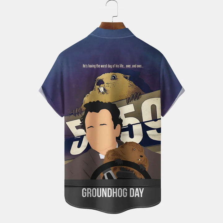 Groundhog Day Cartoon Print Men's Chest Pocket Stretch Hawaiian Shirt