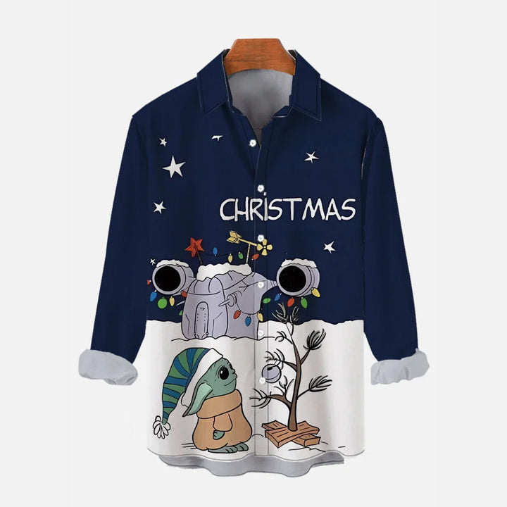 Cartoon Space War Elf Christmas Tree And Spaceship Printing Long Sleeve Shirt