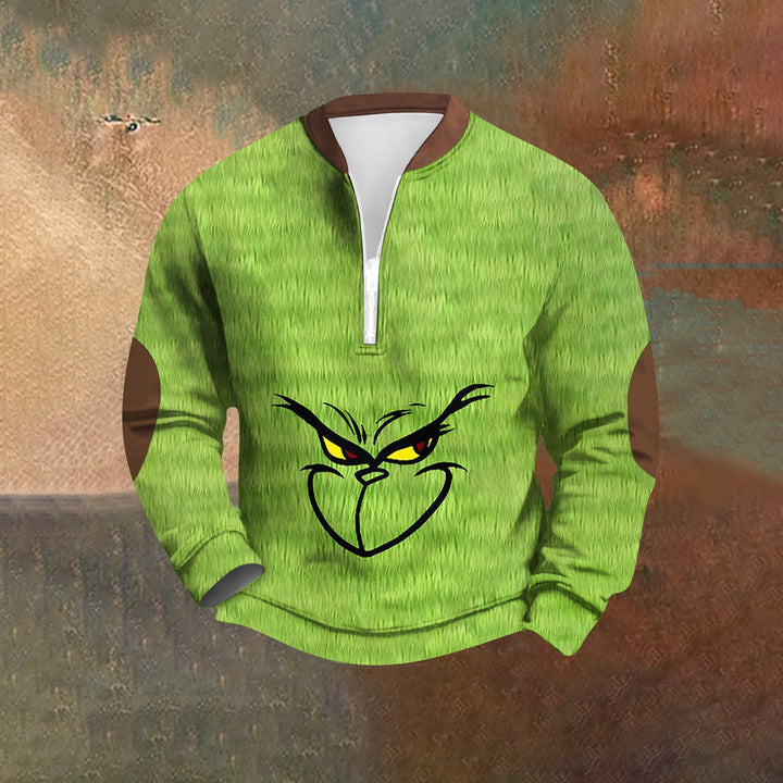 Christmas Cartoon Green Monster Zipper Neck Casual Sweatshirt