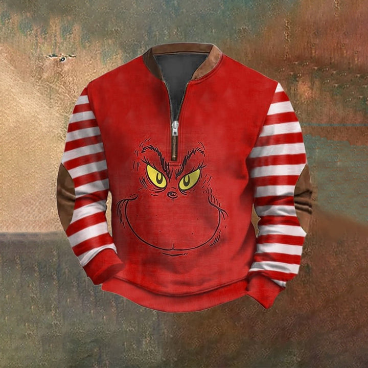 Christmas Cartoon Green Monster Stripe Zipper Neck Casual Sweatshirt