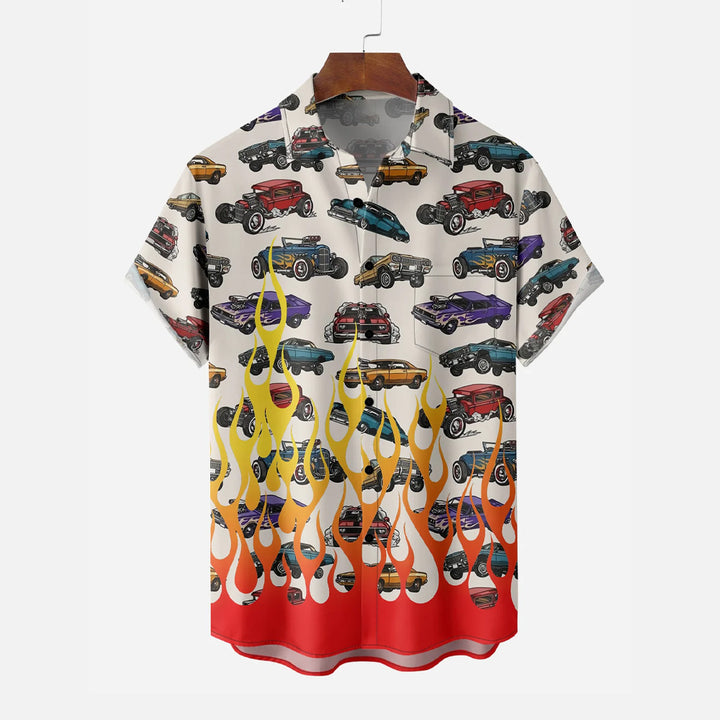 Retro Flame Muscle Car Chest Pocket Short Sleeve Casual Shirt