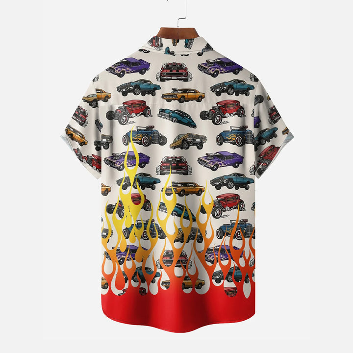 Retro Flame Muscle Car Chest Pocket Short Sleeve Casual Shirt