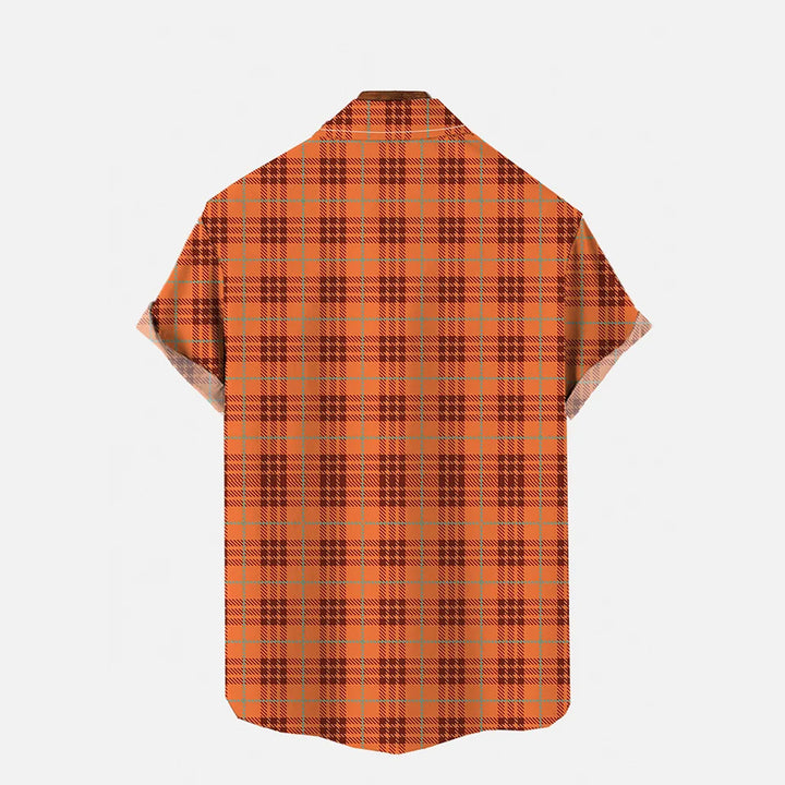 Classic Orange Plaid Thanksgiving Turkey Print Chest Pocket Short Sleeve Shirt