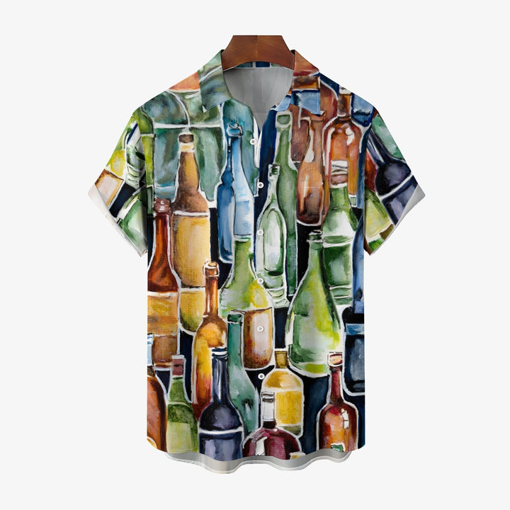 Wine Bottle Watercolor Art Casual Short Sleeve Shirt 2403000230