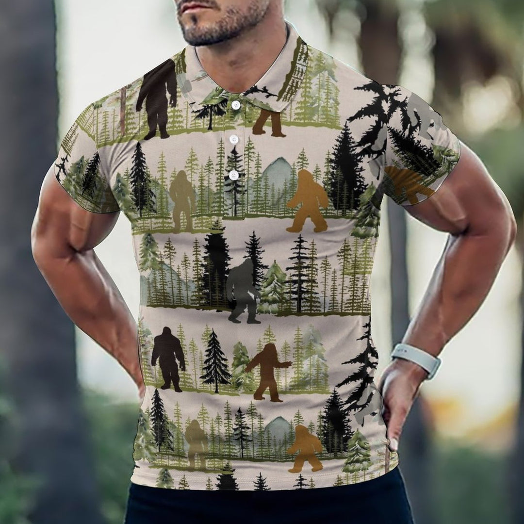 Men's Button-Down Short Sleeve Bigfoot Print Polo Shirt 2312000282