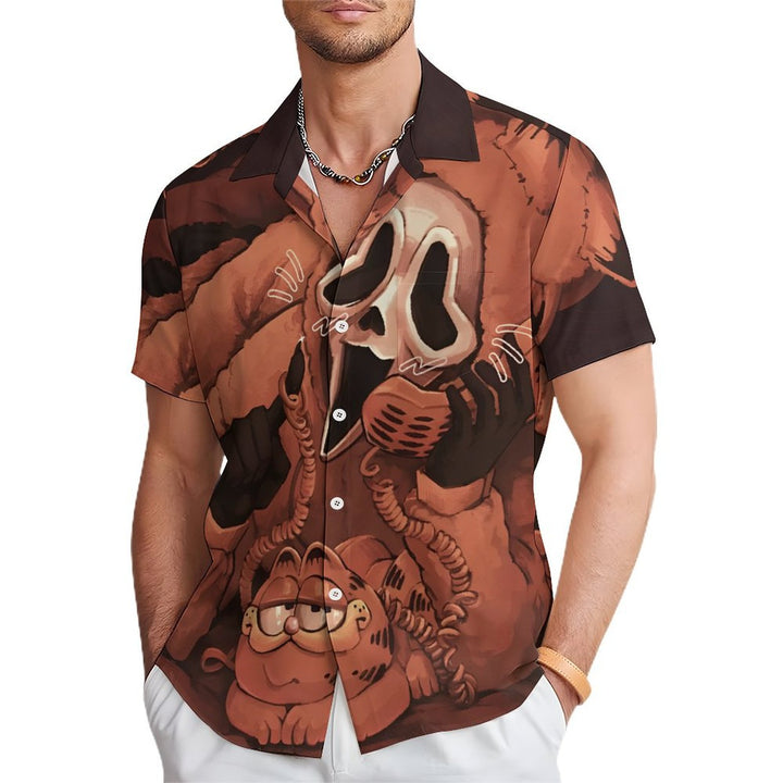 Death And Cat Print Casual Short Sleeve Shirt 2403000009