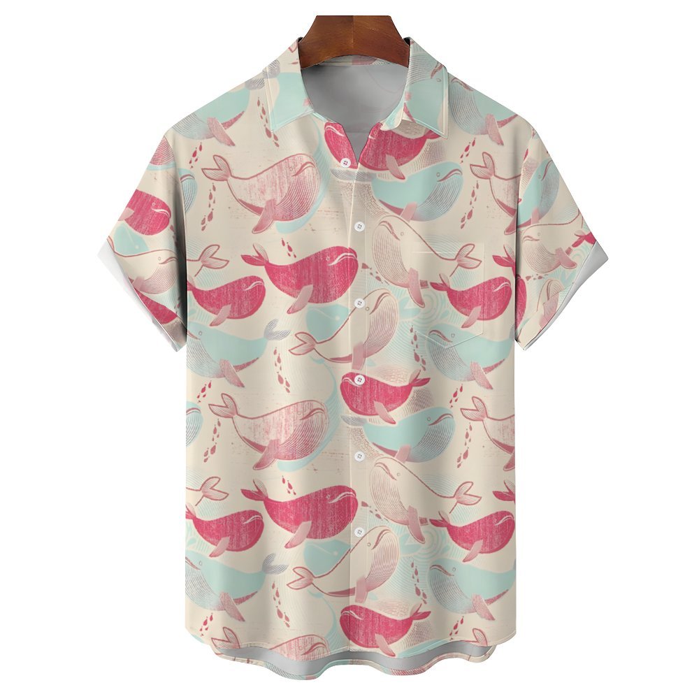 Pink Whale Print Casual Short Sleeve Shirt 2402000310