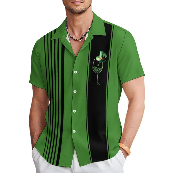 St. Patrick's Day Vintage Bowling Shamrock Wine Glass Print Hawaiian Shirt Plus Size Holiday Shirt 2401000215