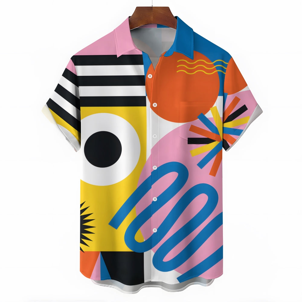 Men's Cartoon Geometric Splicing Casual Short Sleeve Shirt 2403000130