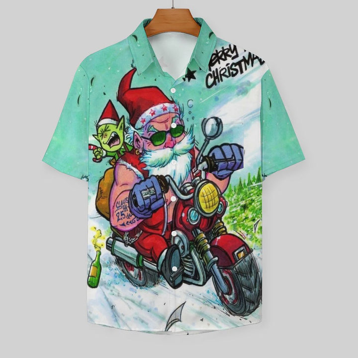 Christmas Themed Casual Printed Chest Pocket Short Sleeved Shirt 2309000561