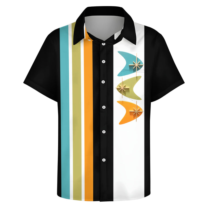 Retro Classic Boomerang Pattern Striped Bowling Shirt 240300032Me9