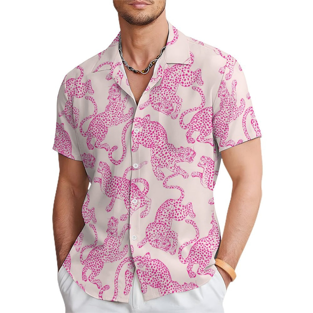 Leopard Pink Print Casual Short Sleeve Shirt 2402000083