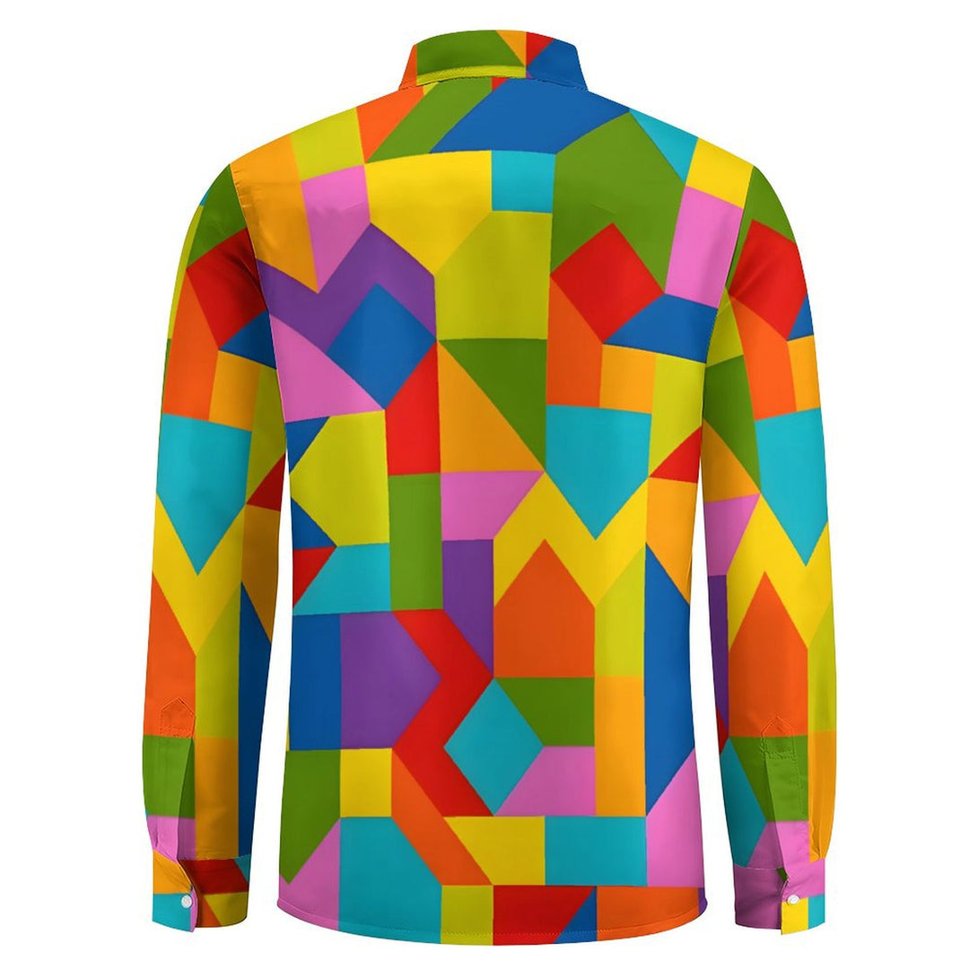 Men's Casual Colorful Geometric Blocks Printed Long Sleeve Shirt 2403000053