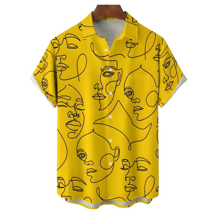 Men's Woman Face Line Art Casual Short Sleeve Shirt 2401000364