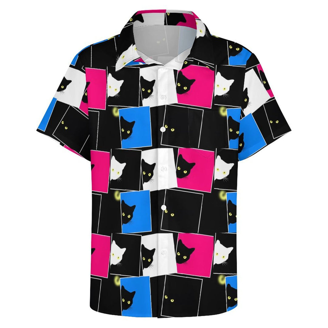 Men's Black Cat Geometric Splicing Casual Short Sleeve Shirt 2401000095