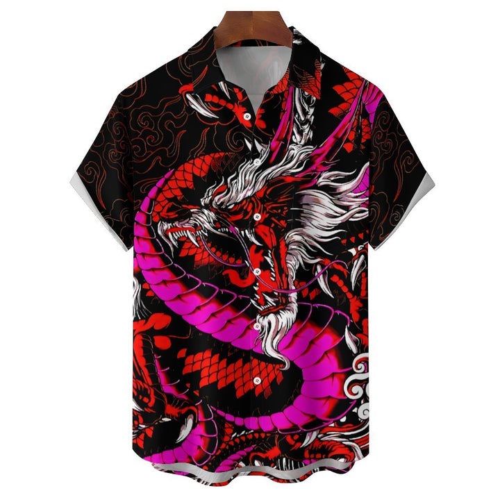 Chest Pocket Dragon Casual Short Sleeve Shirt 2402000054