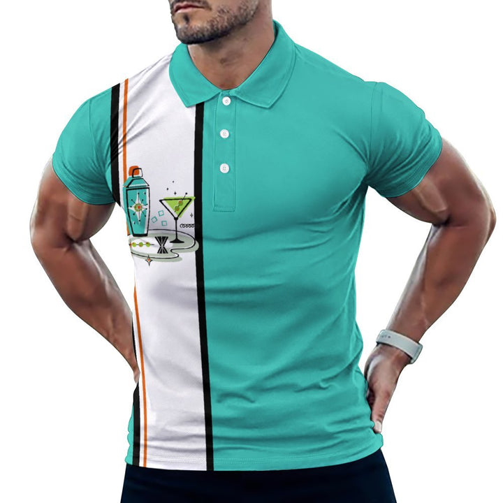 Men's Button-Down Short Sleeve Geometric Cocktail Stripes Printed Polo Shirt 2401000177