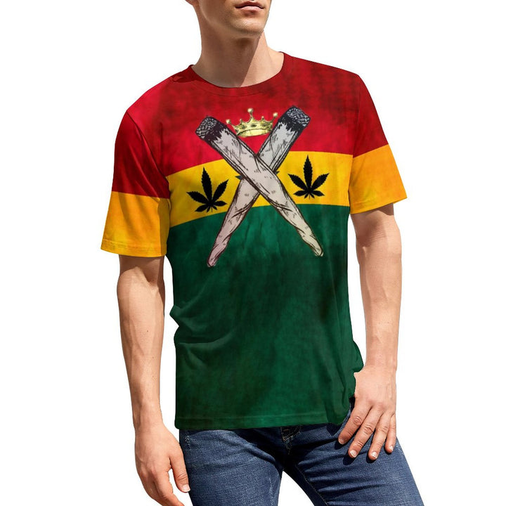 Men's Round Neck Leaf Flag Color Block Casual T-Shirt 2312000380
