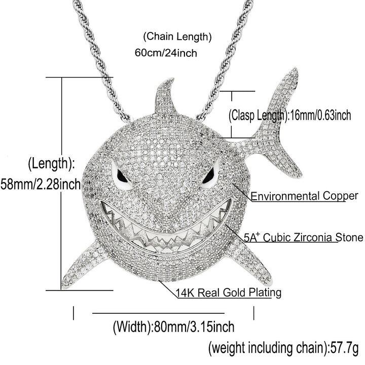 Shark Pendant Micropaved Zirconia Exaggerated Hip Hop Men's Necklace 240200754