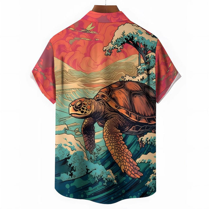 Ukiyoe Art Style Sea Turtle Casual Short Sleeve Shirt 2402000124