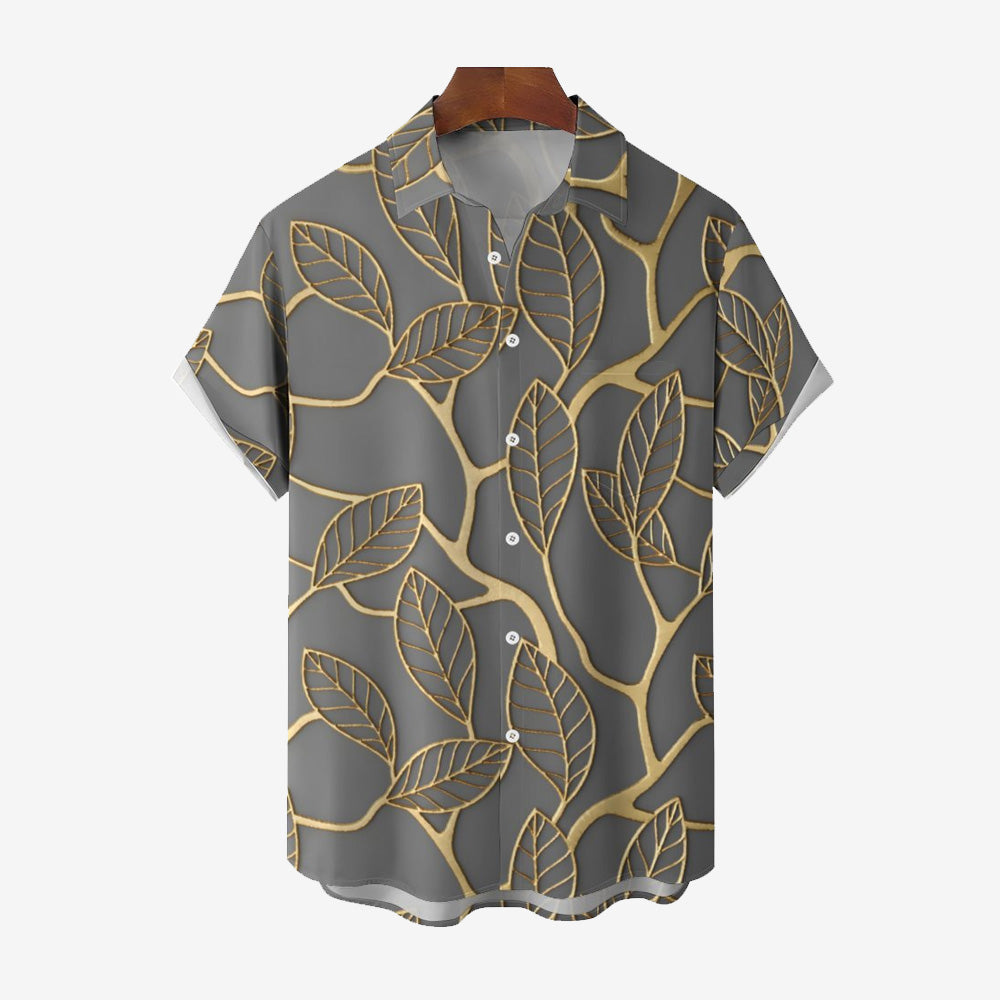 Men's Plant Leaves Gold Edge Casual Short Sleeve Shirt 2402000067