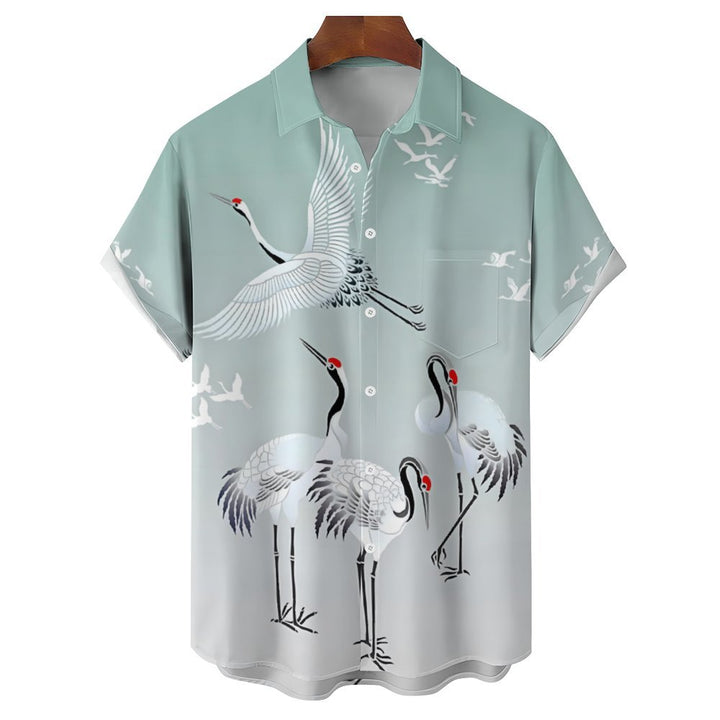 Gradient White Crane Art Casual Short Sleeve Shirt 2312000216