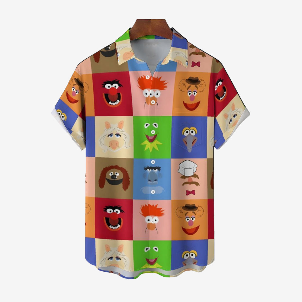 Color Block Splicing Cute Cartoon Portraits Cartoon Costumes Printing Short Sleeve Shirt 2401000336