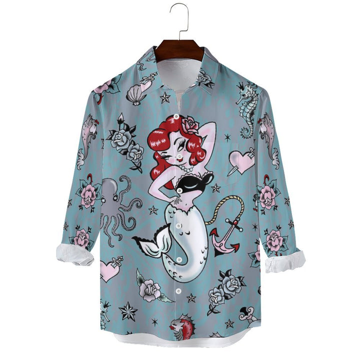 Men's Casual Mermaid and Sailor Printed Long Sleeve Shirt 2402000337