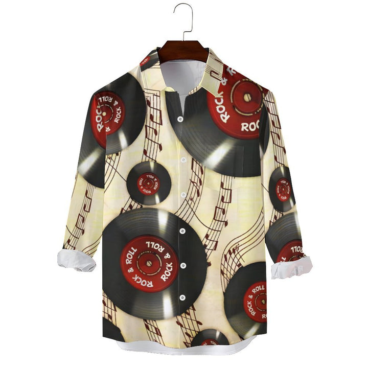 Vinyl Record Music Notes Casual Printed Long Sleeve Shirt 2402000107