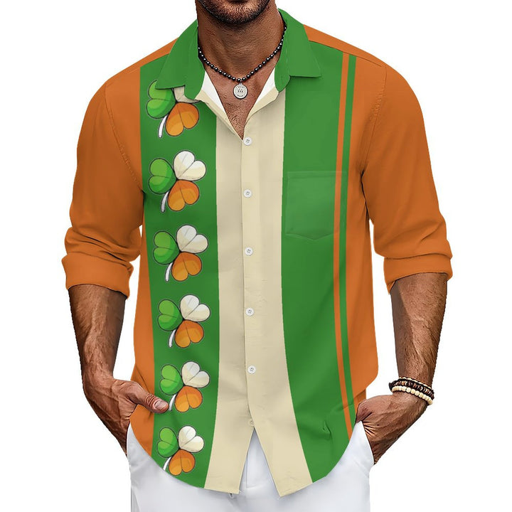Men's Casual St. Patrick'S Day Shamrock Stripes Printed Long Sleeve Shirt 2401000163