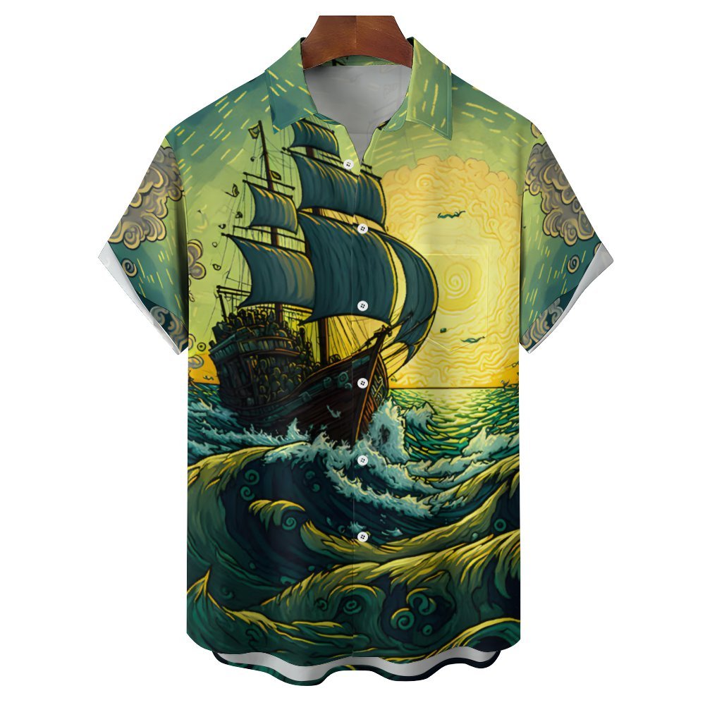 Men's Nautical Pirate Ship Casual Short Sleeve Shirt 2402000024