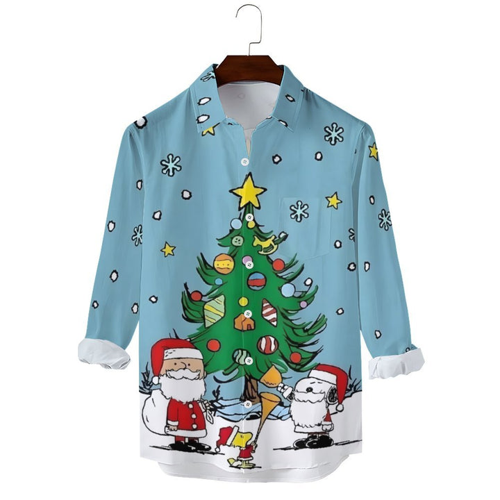 Men's Casual Cartoon Christmas Printed Long Sleeve Shirt 2311000764